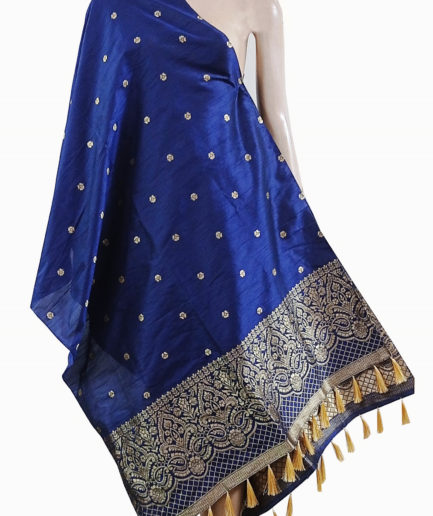 Navy Embroidered Printed Fringes Dupatta
