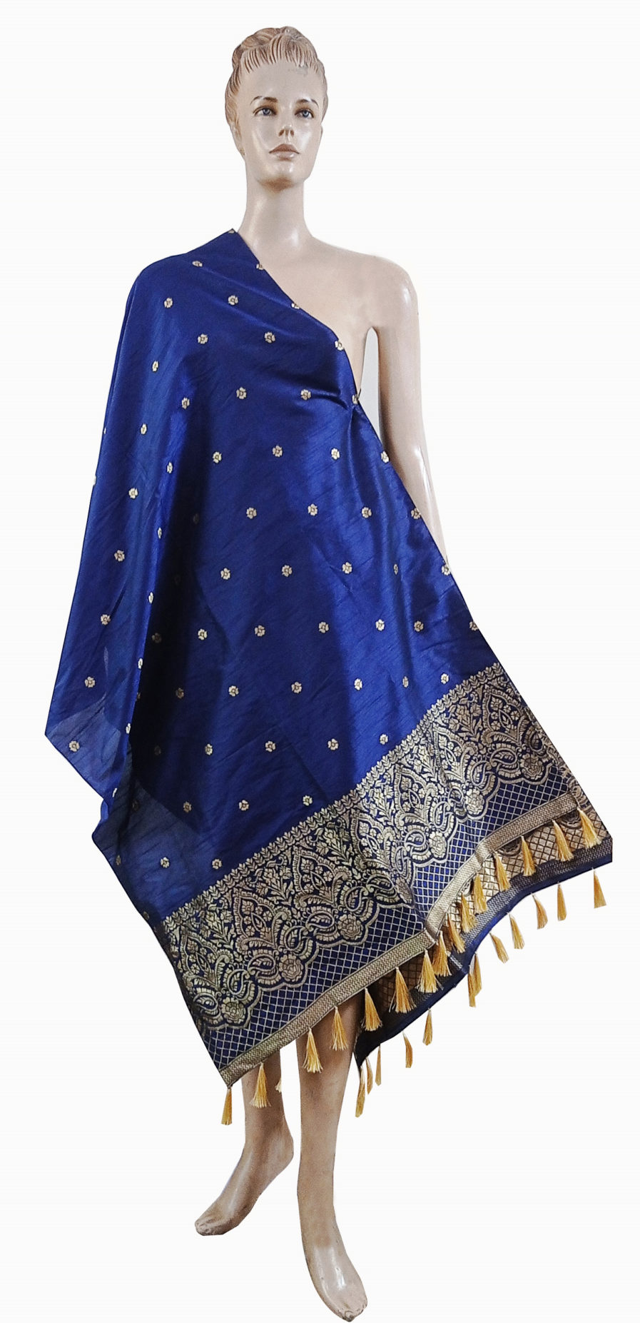 Navy Embroidered Printed Fringes Dupatta